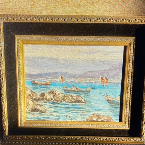 Vintage Framed Coastal oil painting Art with Gold Frame